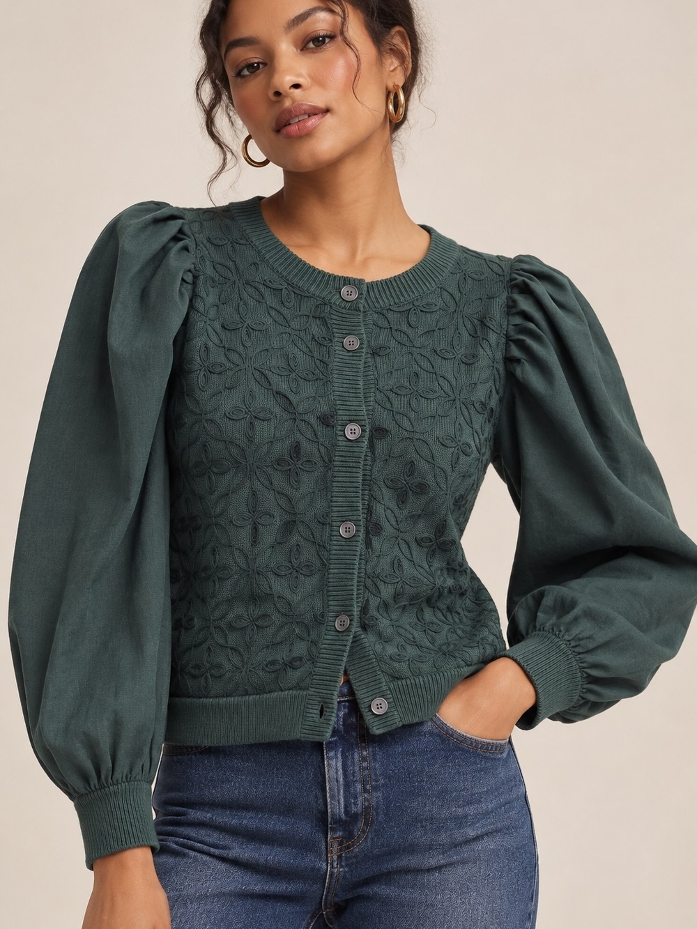 By Anthropologie Embroidered Puff Sleeve Cardigan Sweater Green Cotton S